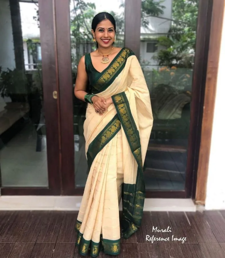 Soft Lichi Silk Jacquard Saree for Women | Cream & Bottle Green