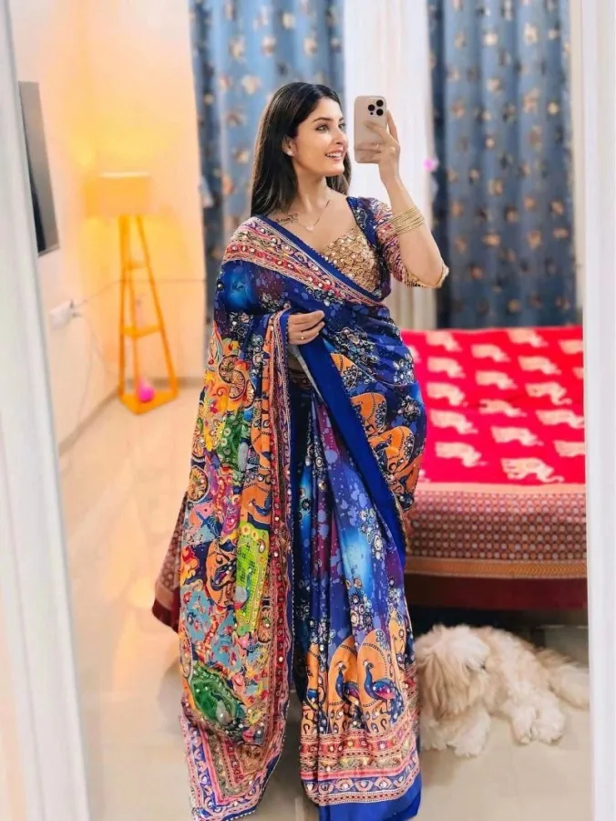 Women's Chinon Silk Peacock Printed Mirror Work Saree  | Wedding, Party & Festival Wear