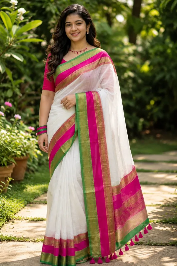 Mul Cotton Saree for Women | White Handloom Style Saree with Pink Green & Golden Woven Border | South Indian Saree