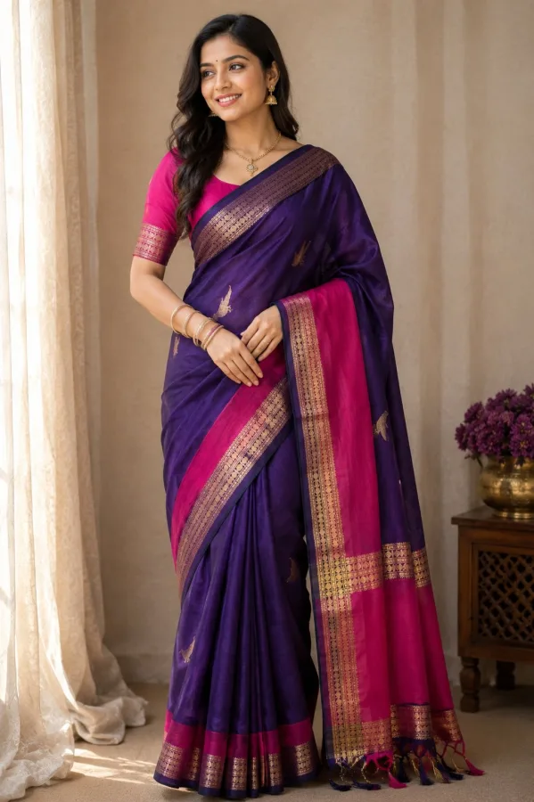Women's Royel Purple Silk Saree with Golden Woven Border, Traditional Design & Matching Blouse | Festive & Wedding Wear Saree