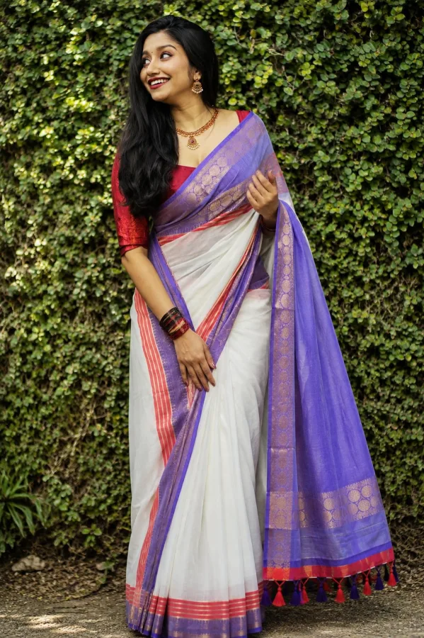 Women’s White Cotton Saree with Purple Red & Golden Woven Border, Designer Traditional Saree with Matching Blouse | Festive & Puja Wear