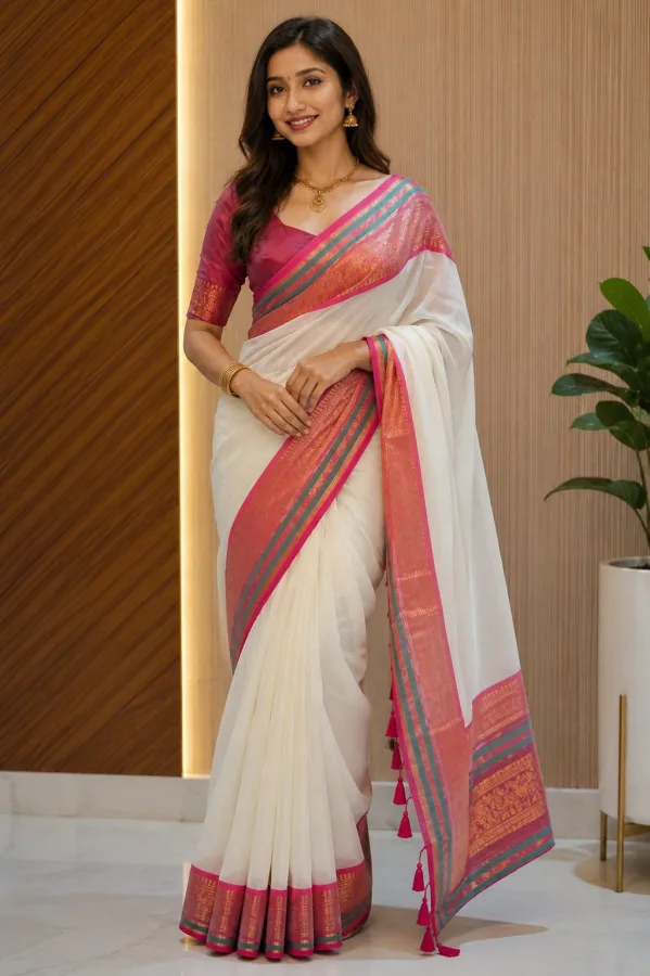 Women’s White Cotton Saree with Pink, Teal & Golden Woven Border | Traditional Ethnic Saree with Blouse
