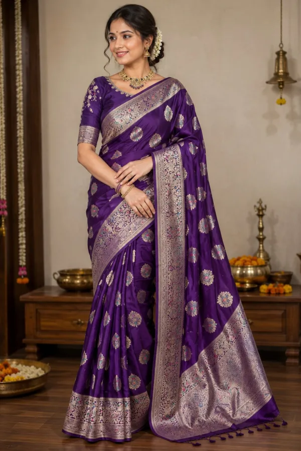 Women's Soft Lichi Silk Jacquard Work Saree with Rich Pallu & Blouse | Traditional Festive Wear Saree
