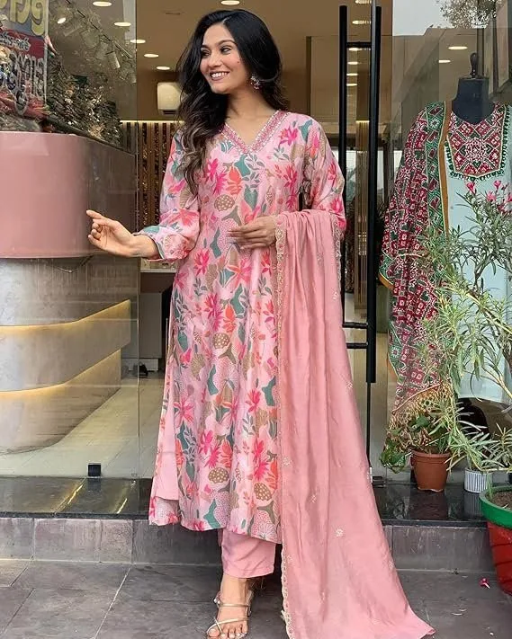 Women's Rayon Slub Printed Embroidered Kurti Pant with Chinon Dupatta | Designer Ethnic Wear