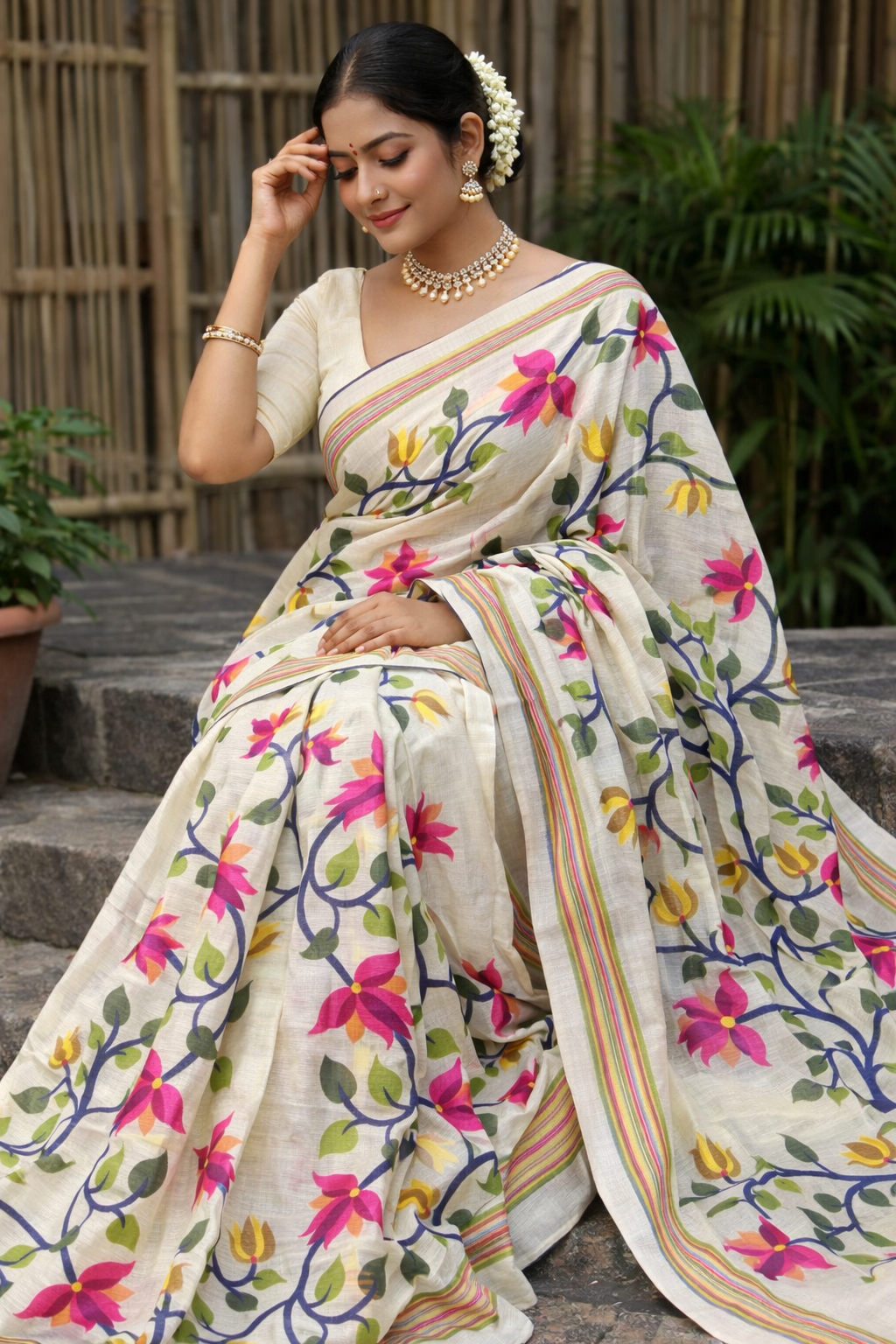 Handwoven Silk Jamdani Saree (Cream) with Floral Motifs | Fulia Handloom | Premium Bengali Traditional Saree for Women