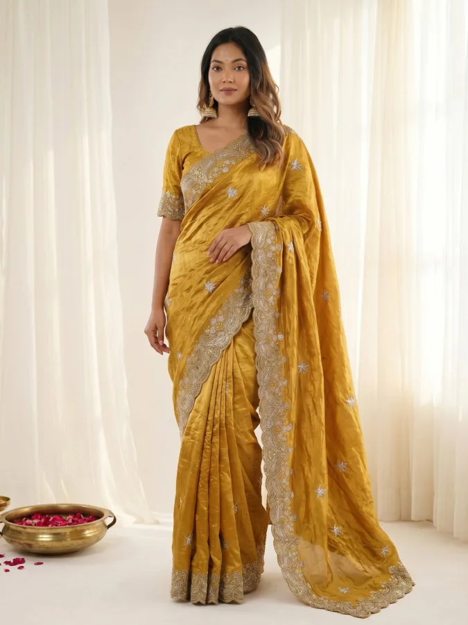 Premium Gold Crush Zari Thread Embroidered Saree for Women | Designer Wedding & Party Wear Saree