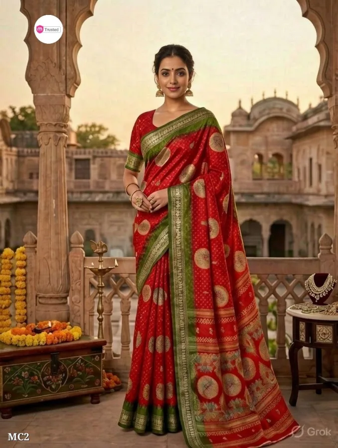 Cotton Silk Printed Saree with Black Border | Geometric & Bandhani Ethnic Saree for Women |Sumitra Handmade