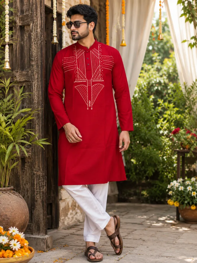 Men's Handcrafted Kantha Stitch Men’s Punjabi | Premium South Cotton Ethnic Kurta for Puja & Festive Wear