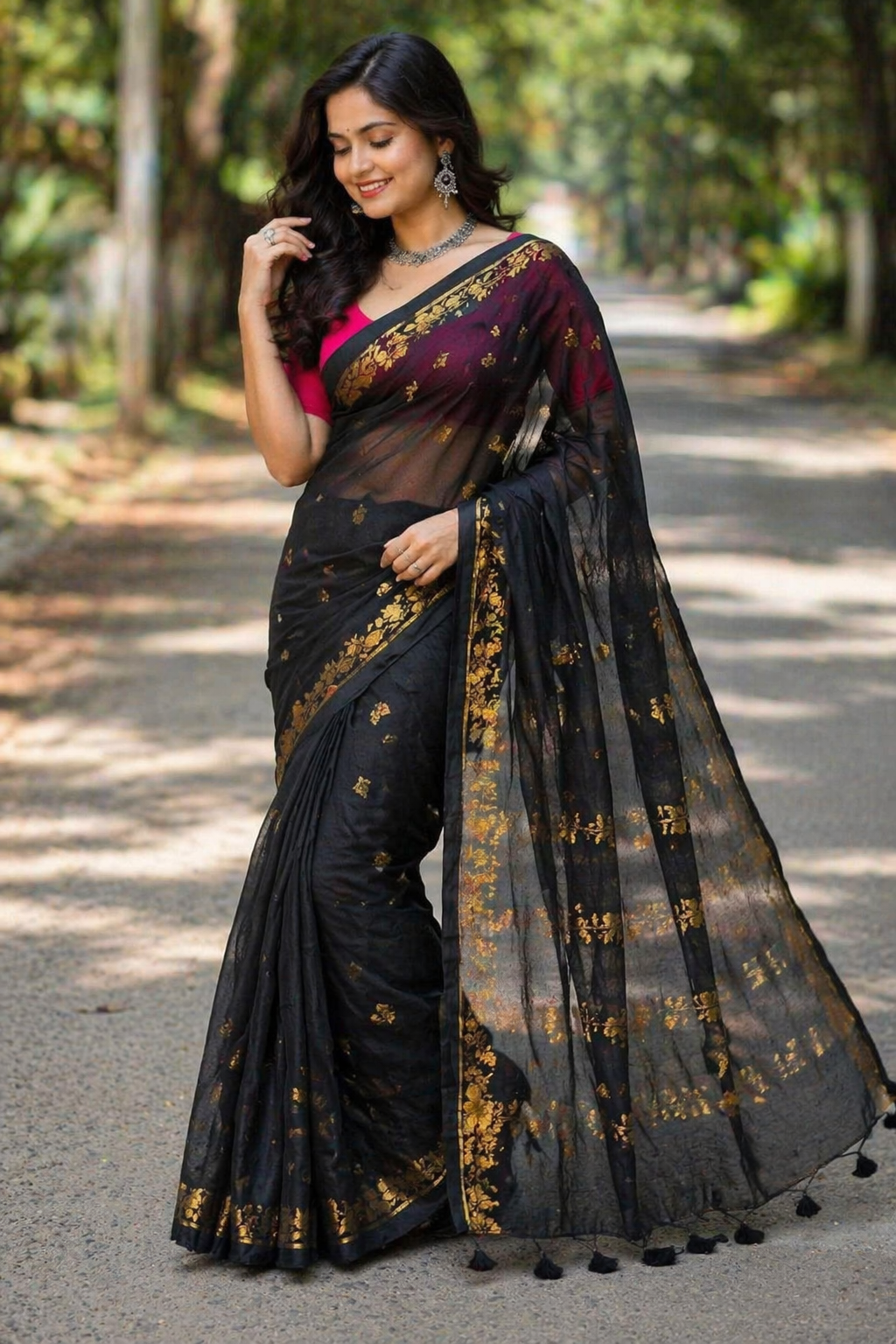 Black Handloom Cotton Saree with Golden Zari Border & Magenta Blouse | Fulia Handloom | Elegant Festive Saree for Women