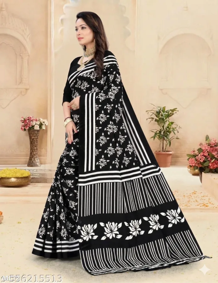 Black & White Floral Printed Pure Cotton Saree (5.5M, No Blouse) | Lightweight Daily Wear Saree for Women | Sumitra Handmade
