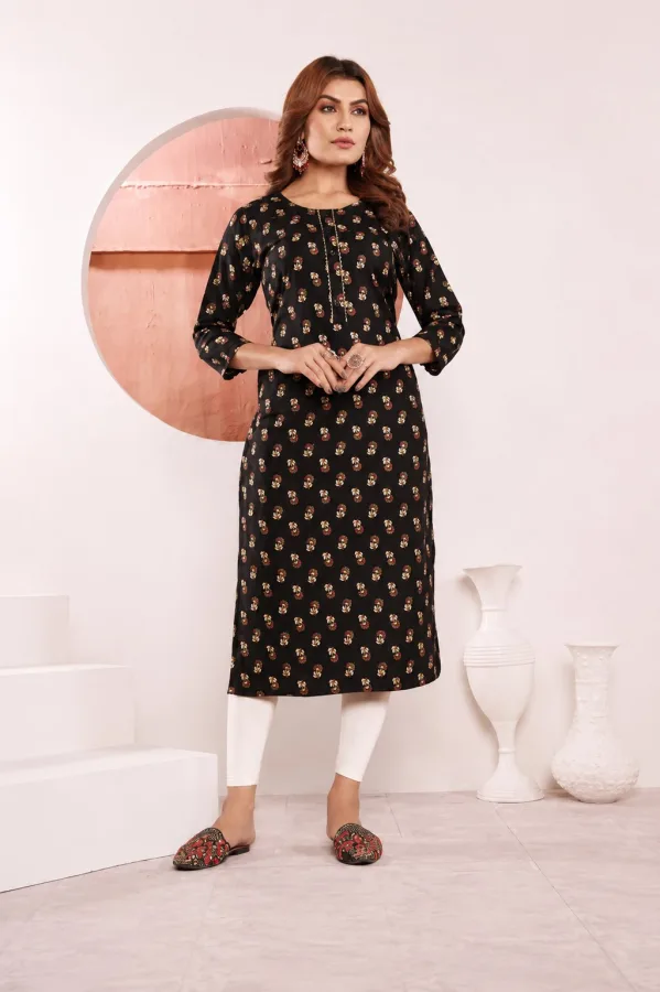 Women's Printed Viscose Muslin Straight Kurti with Pocket | Foil Print | Daily & Office Wear