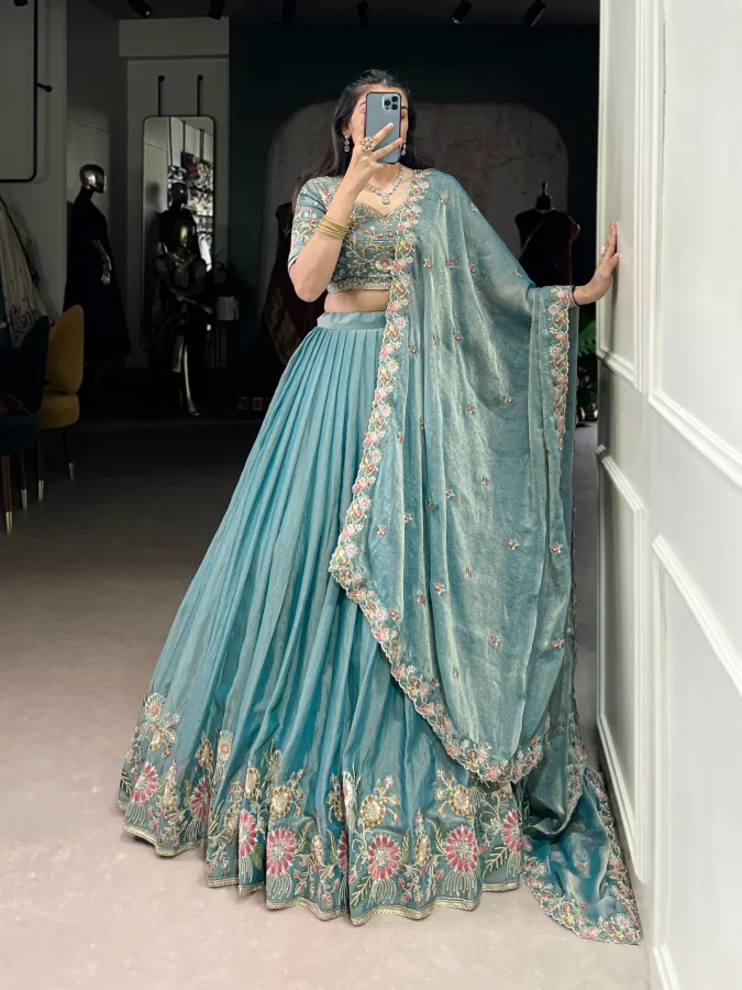 Designer Zari Shimmer Embroidered Sky Blue Wedding Lehenga Choli for Women