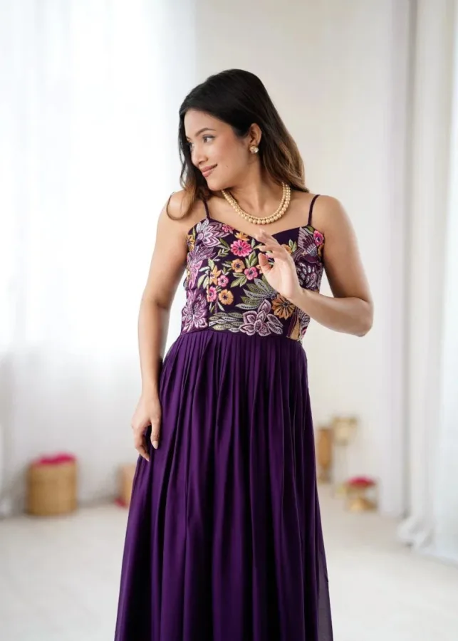 Women’s Pure Georgette Embroidered Anarkali Gown | Multicolor Floral Embroidery | Sleeveless Party Wear Long Gown