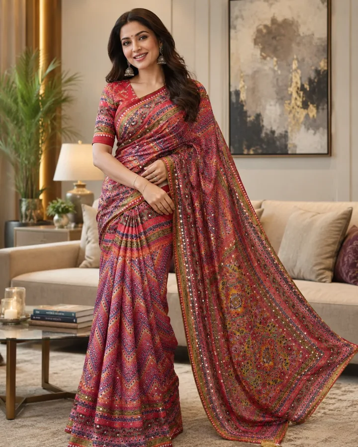 Multicolor Chinon Silk Digital Print Saree with Mirror Handwork | Designer Party Wear & Wedding Saree