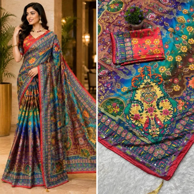 Women's Soft Chinon Silk Peacock Digital Printed Saree with Mirror Handwork & Embroidery | Wedding & Party Wear