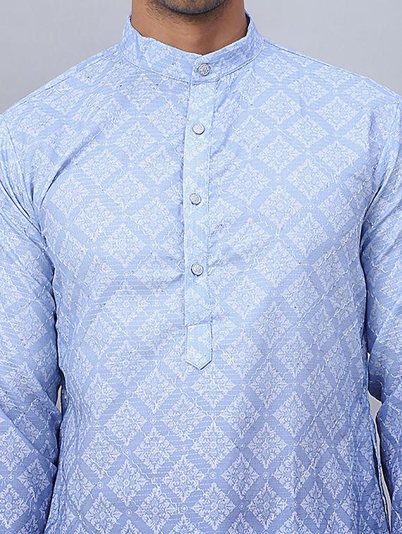 Premium Blue Cotton Kurta â€“ Laheria Weaving, Multi-Meena Design, Style Look