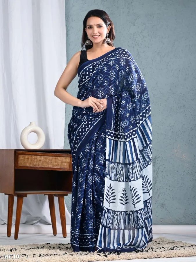 Anthracite Blue Cotton Printed Saree with Border (65x65) | Geometric & Bandhani Ethnic Saree for Women | MNR Creation