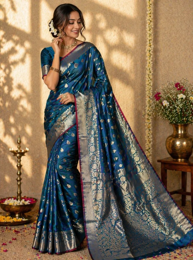 Traditional Banarasi Semi Katan Silk Saree with Zari Boota & Rich Anchal Border | Jacquard Woven Saree with Blouse | Sumitra Handmade