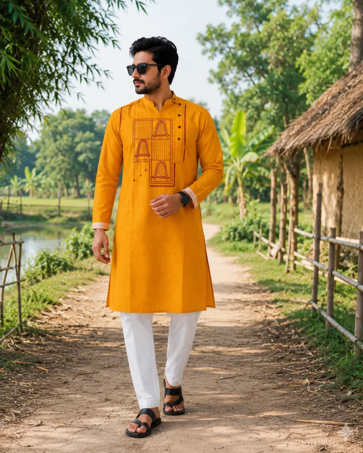 Premium Men’s Mustard Katha Stitch Embroidered Punjabi Kurta – Traditional Bengali Handcrafted Ethnic Wear for Puja & Festival