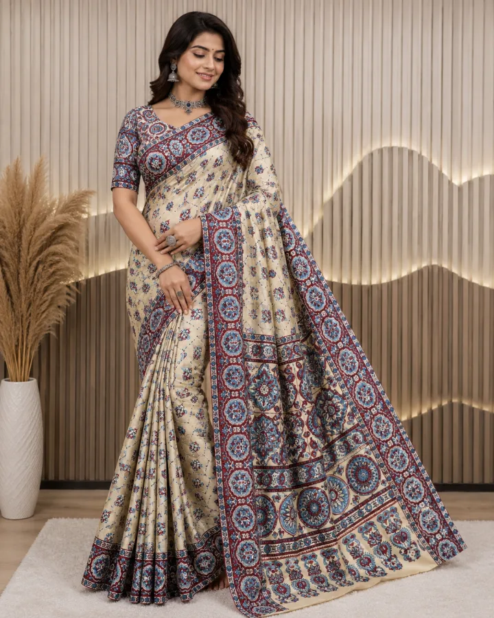 Premium Heavy Crepe Silk Ajrakh Printed Saree with Real Mirror Work Border | Designer Party Wear Traditional Saree with Unstitched Blouse