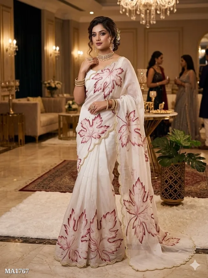 Organza Pearl Embroidery Printed Saree with Cutwork Border & Blouse | Designer Party Wear Saree | Sumitra Handmade