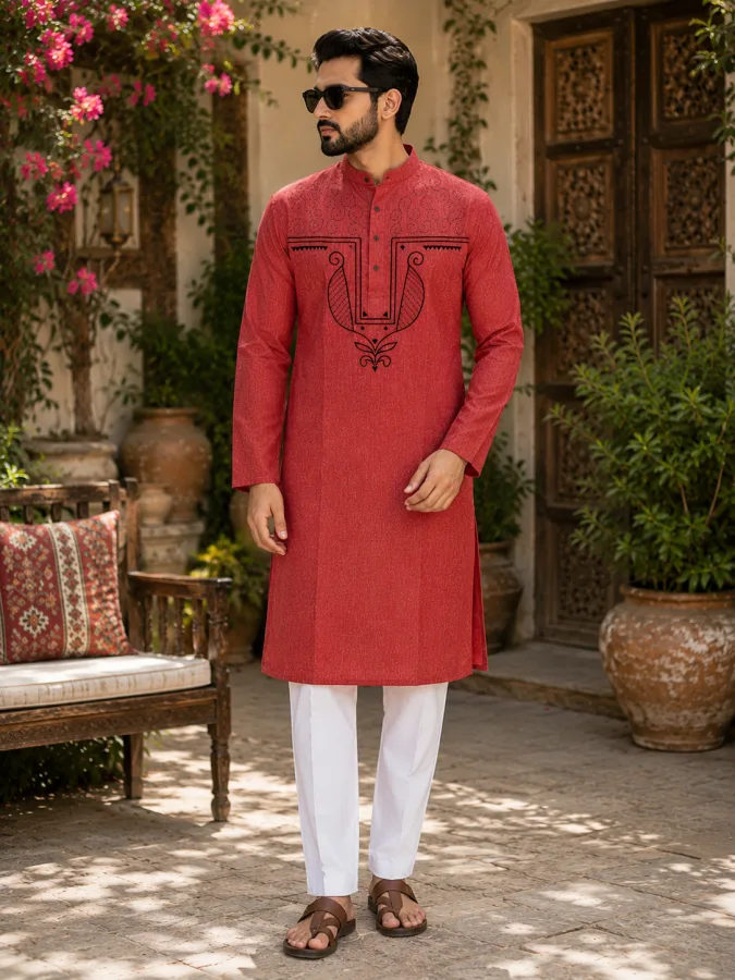 Coral Red Handcrafted Kantha Stitch Men’s Punjabi | Premium South Cotton Ethnic Kurta for Puja & Festive Wear