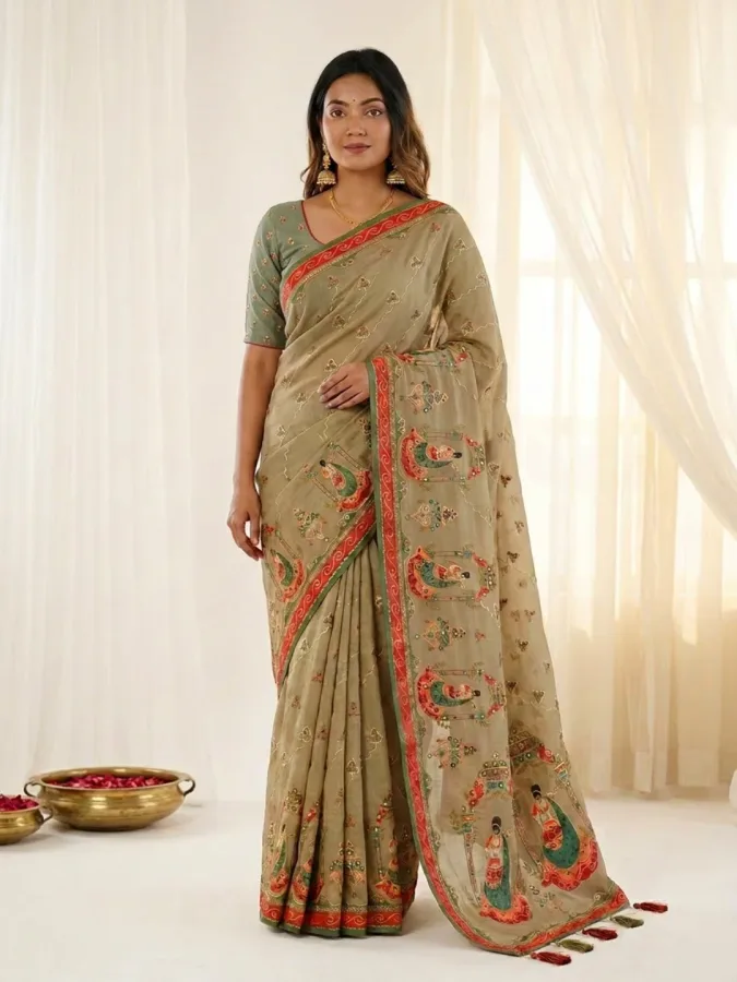 Pure Shimmer Silk Khatli Work Saree | Designer Doll Print Wedding & Party Wear Saree