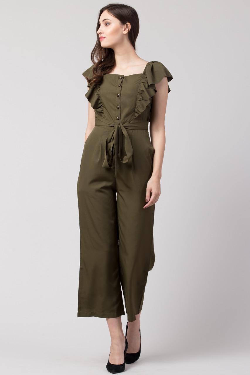 Verve Studio Polyester Solid Olive Jumpsuit
