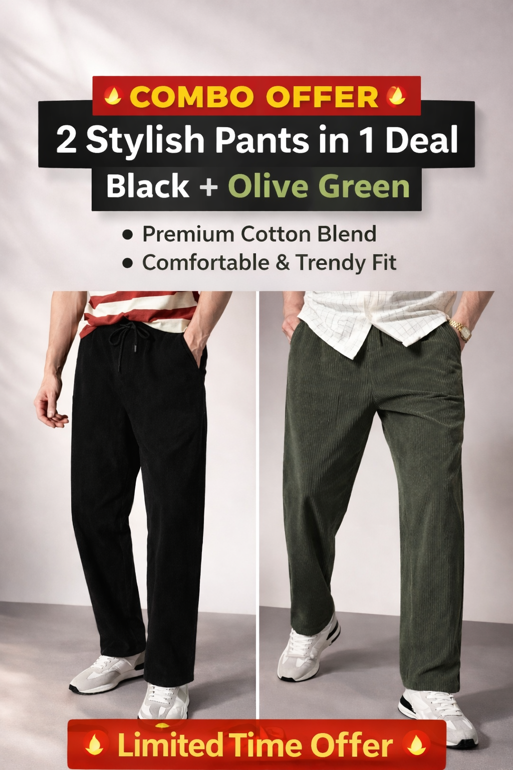 Men’s Cotton Blend Stylish Pants Combo (Black & Olive Green, Pack of 2) | Sumitra Handmade