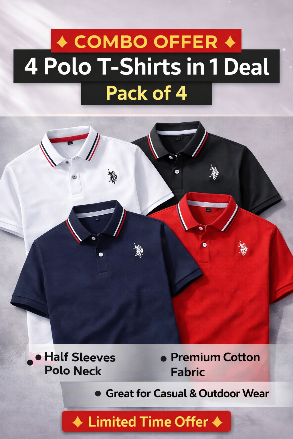 Men’s Solid Half Sleeve Polo Neck T-Shirts (Pack of 4) | Sumitra Handmade