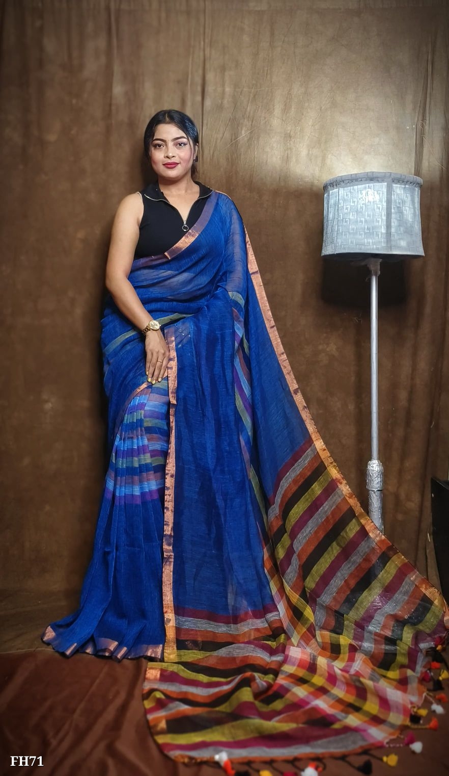 Blue Linen Handloom Saree with Blouse Piece | Fulia Handloom | Lightweight Elegant Saree for Women