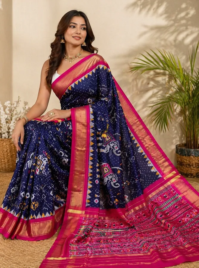 Pochampalli Designer Dolla Silk Saree  | Jacquard Border Printed Saree with Blouse | Sumitra Handmade