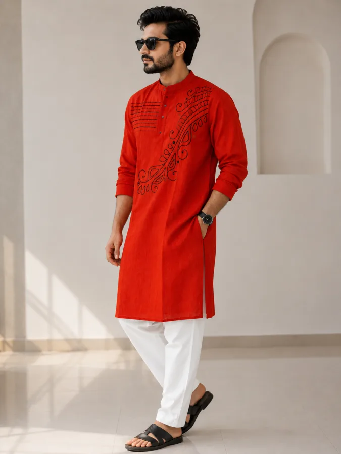 Men’s Red Punjabi Kurta with Katha Stich Work | Traditional Bengali Ethnic Wear for Puja & Wedding