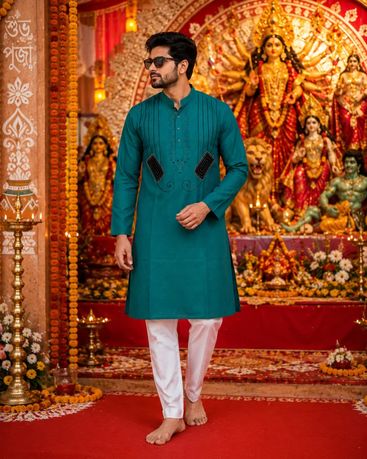 Premium Men’s Teal South Cotton Punjabi Kurta with Hand Applique & Kantha Stitch Work | Festive Ethnic Wear