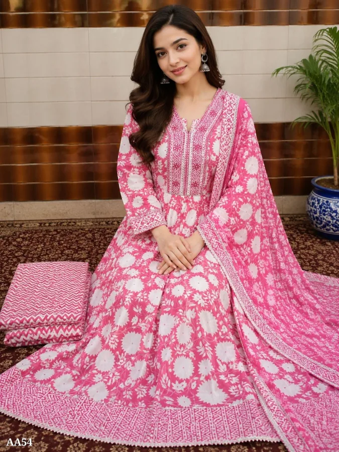 Women's Pure Cotton Pink Floral Anarkali Kurti Pant Dupatta Set for Women | Embroidered Ethnic Suit Set