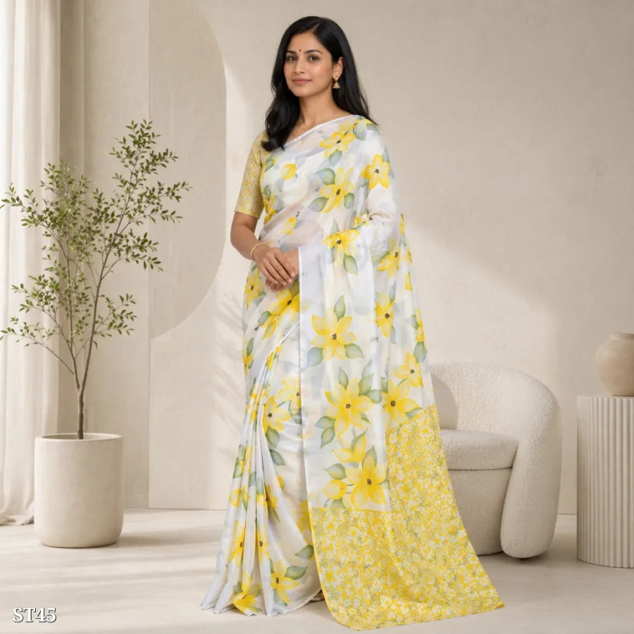Yellow Floral Printed Soft Silk Saree for Women with Unstitched Blouse Piece | Elegant Daily & Party Wear Saree