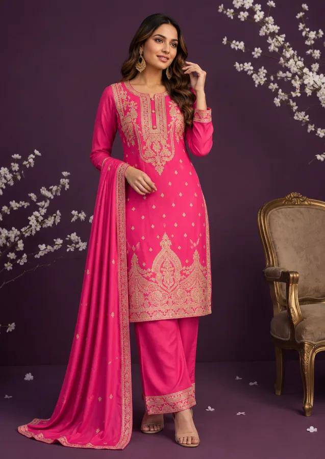 Premium Pink Chinon Embroidered Salwar Kameez Set with Dupatta | Designer Festive & Wedding Wear Suit for Women