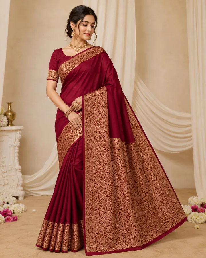 Premium Maroon Soft Lichi Silk Saree with Rich Zari Weaving | Elegant Jacquard Work Festival & Party Wear Saree with Unstitched Blouse