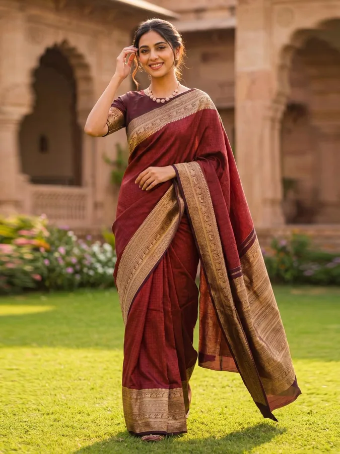 Maroon Soft Lichi Silk Jacquard Saree | Traditional Rich Pallu Ceremonial Wear Saree