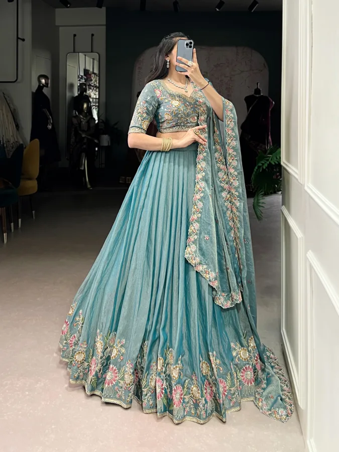 Designer Zari Shimmer Embroidered Sky Blue Wedding Lehenga Choli for Women