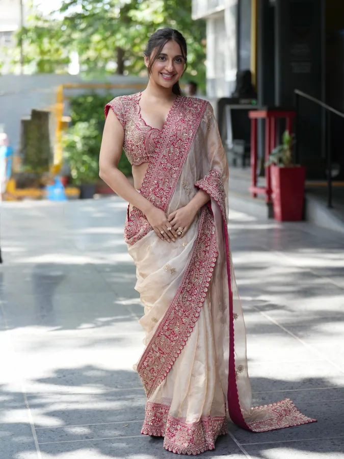 Women's Soft Jipsy Silk Embroidered Sequins Designer Cream & Rani Pink Saree