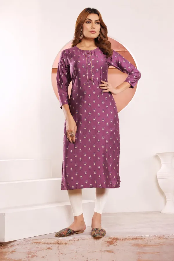 Women's Printed Viscose Muslin Straight Kurti with Pocket (Dusty Purple)