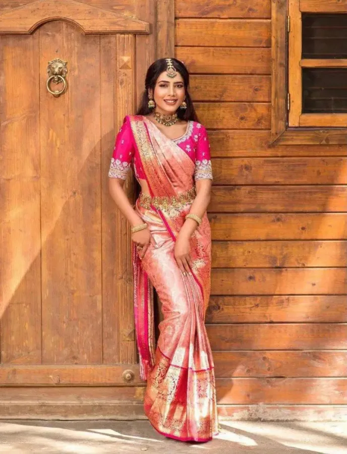 Sumitra Handmade Women's Soft Lichi Silk Jacquard Work Saree with Rich Pallu & Unstitched Blouse Piece