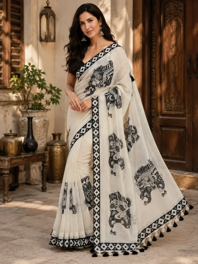 Women's Handloom Linen Cotton Elephant Digital Print Saree with Unstitched Blouse | Casual & Occasion Wear