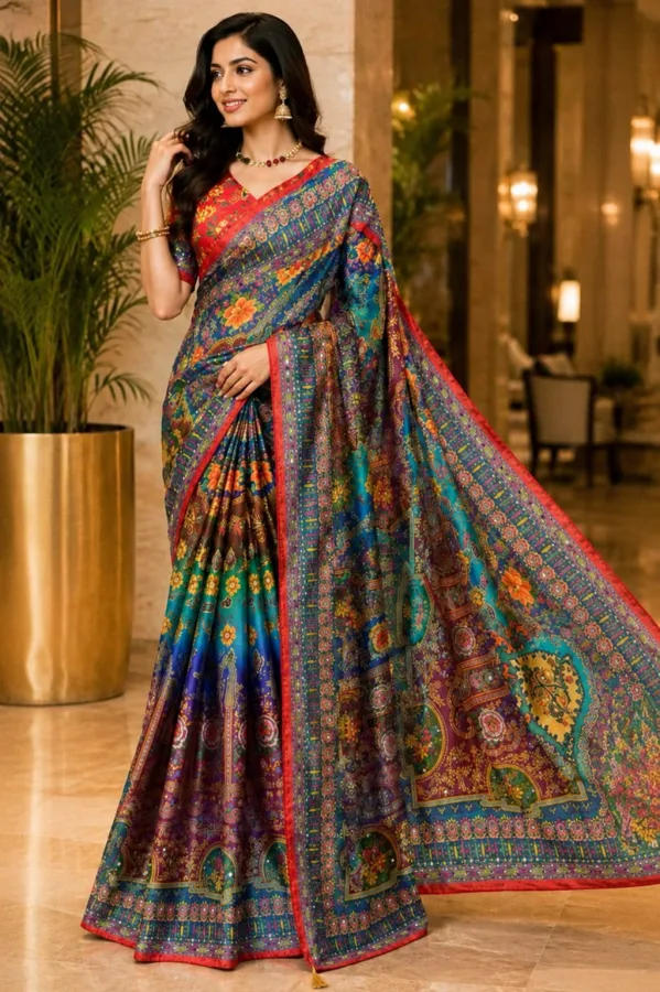 Women's Soft Chinon Silk Peacock Digital Printed Saree with Mirror Handwork & Embroidery | Wedding & Party Wear